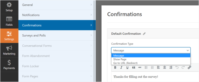 如何在 WordPress 中创建调查问卷(使用 Beautiful Reports) wpforms-survey-form-confirmation-settings20251114_ -14 如何在 WordPress 中创建调查问卷(使用 Beautiful Reports) wpforms-survey-form-confirmation-settings20251114_ -14